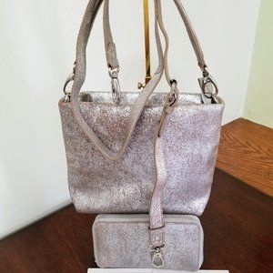 Uno Alla Volta Metallic Silver & Sand Suede Crossbody Bag and Wallet